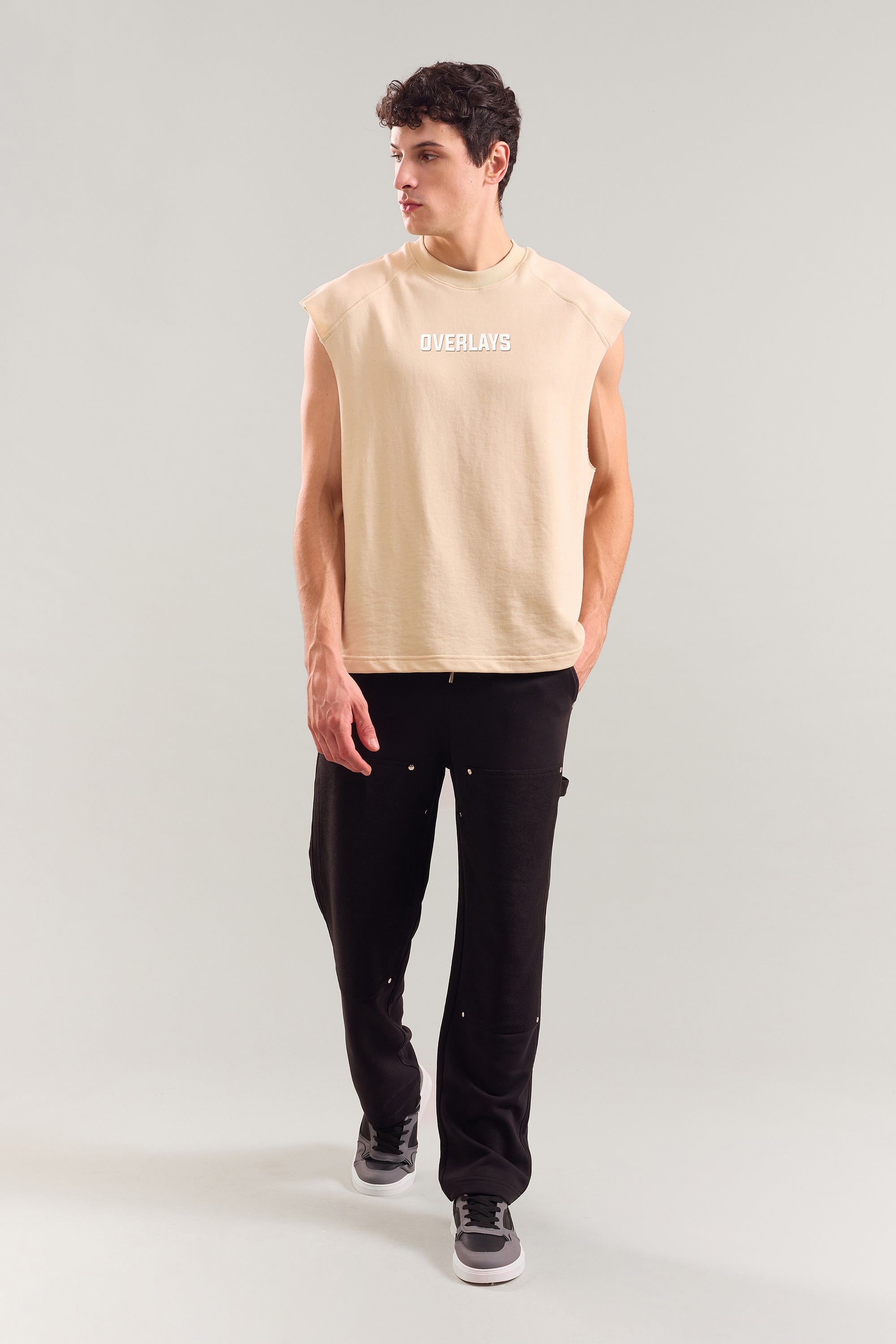 Dream Heavyweight Beige Sleeveless Tank Top With Raw Edges