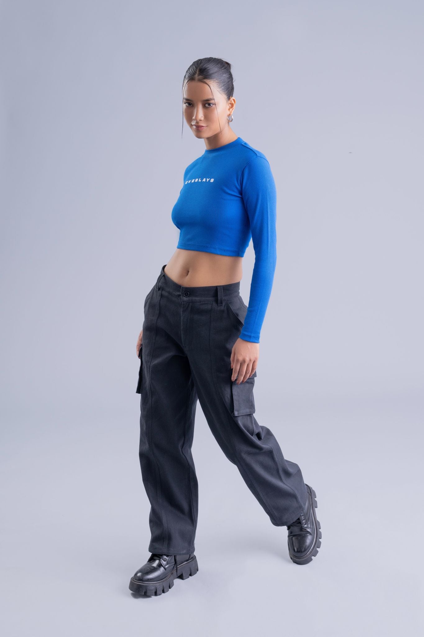 Ultramarine Ribbed Full Sleeves Crop Top