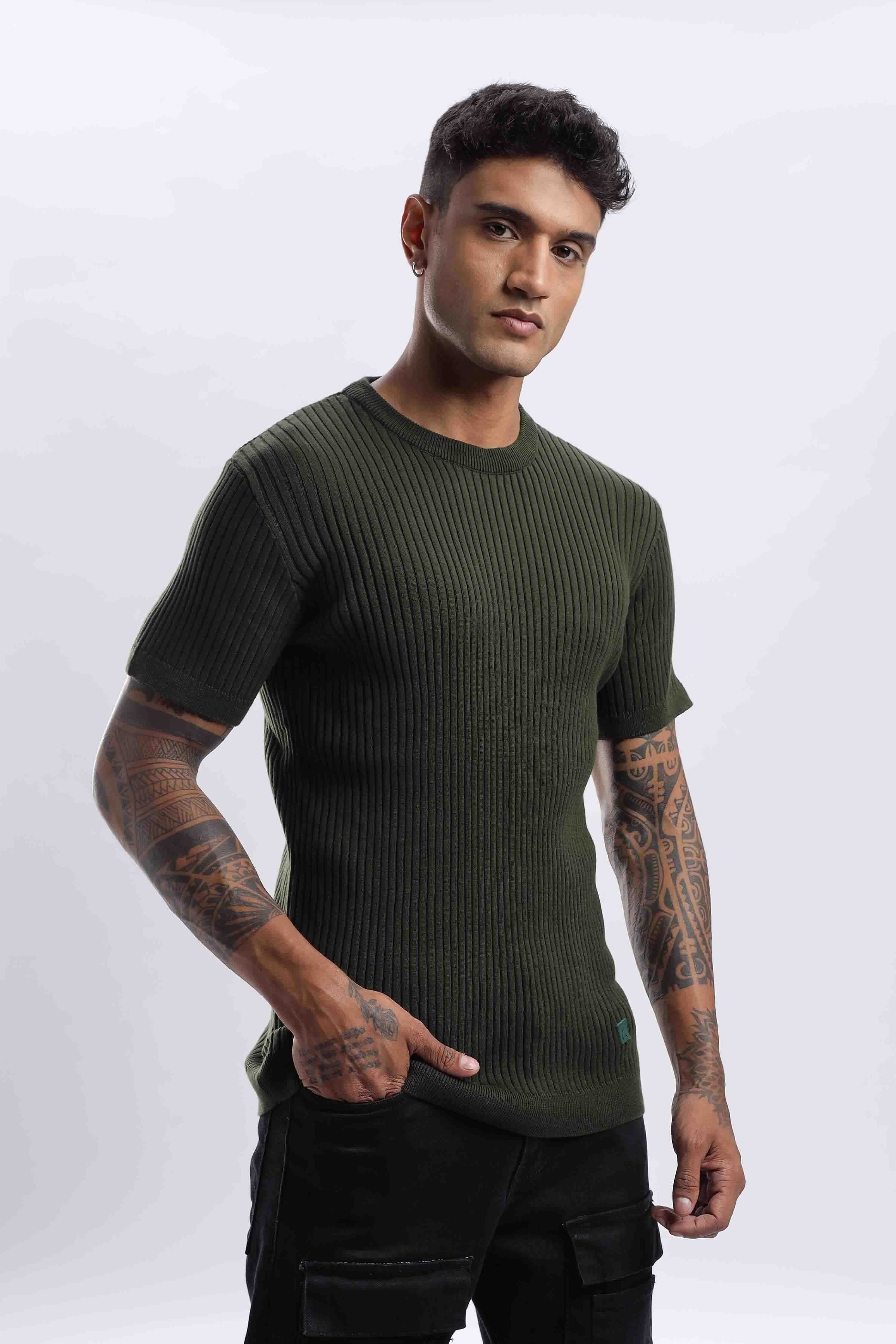 Forest Green Textured Knitted T-shirt