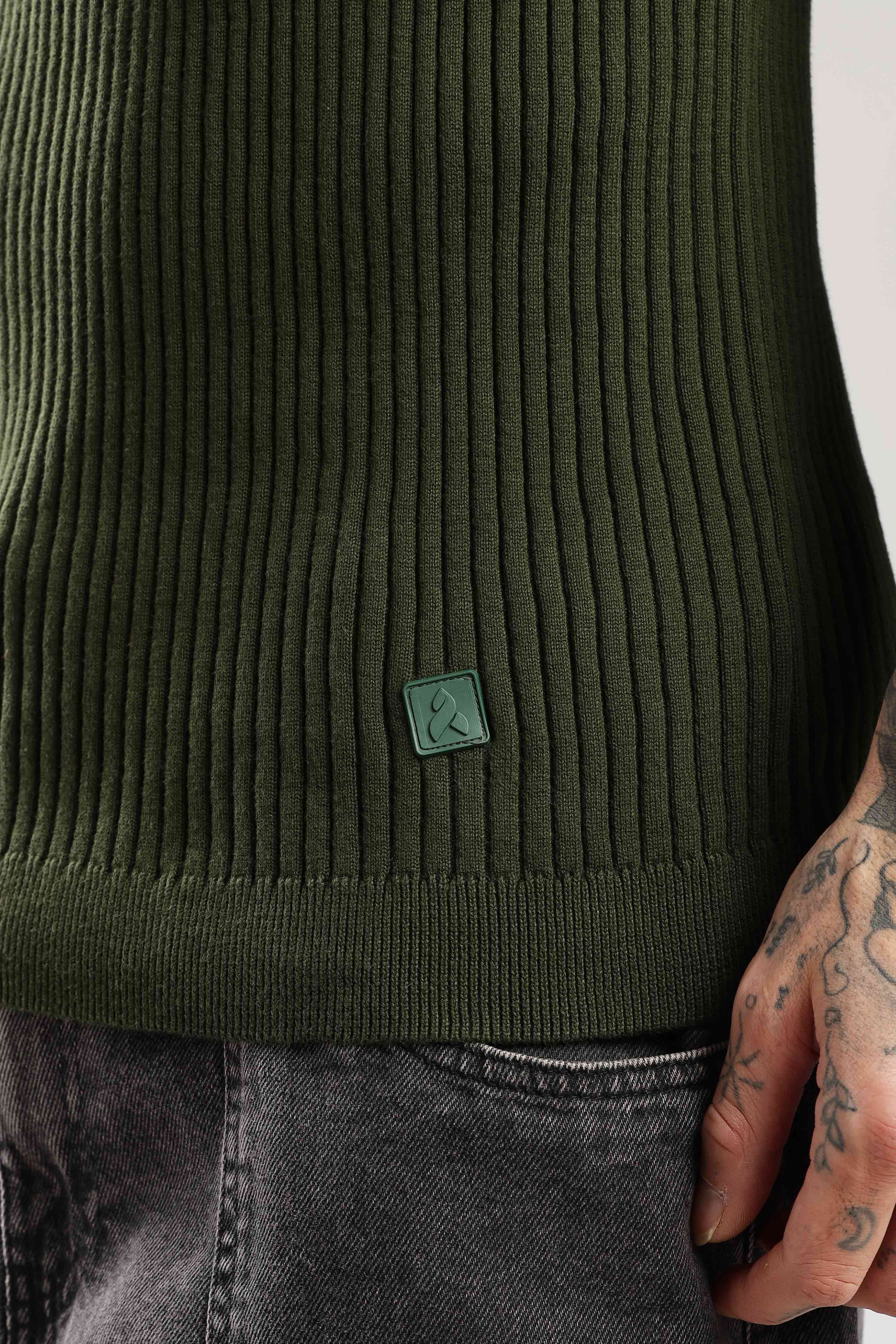 Forest Green Textured Knitted T-shirt