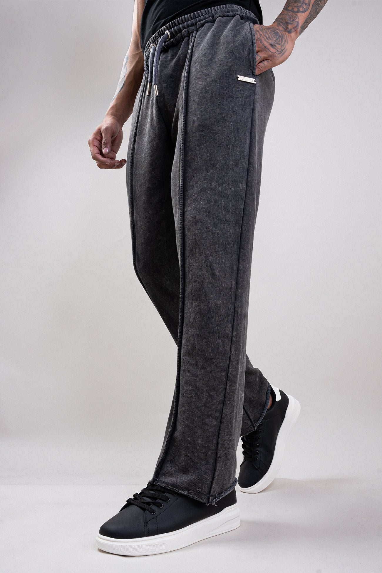 Black Distressed Raw Hem Joggers