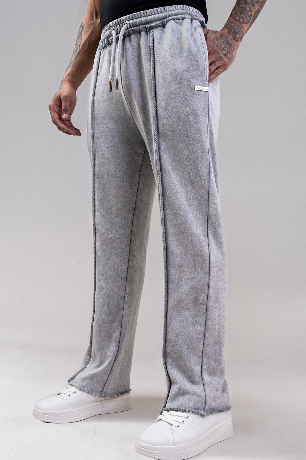 Grey Distressed Raw Hem Joggers