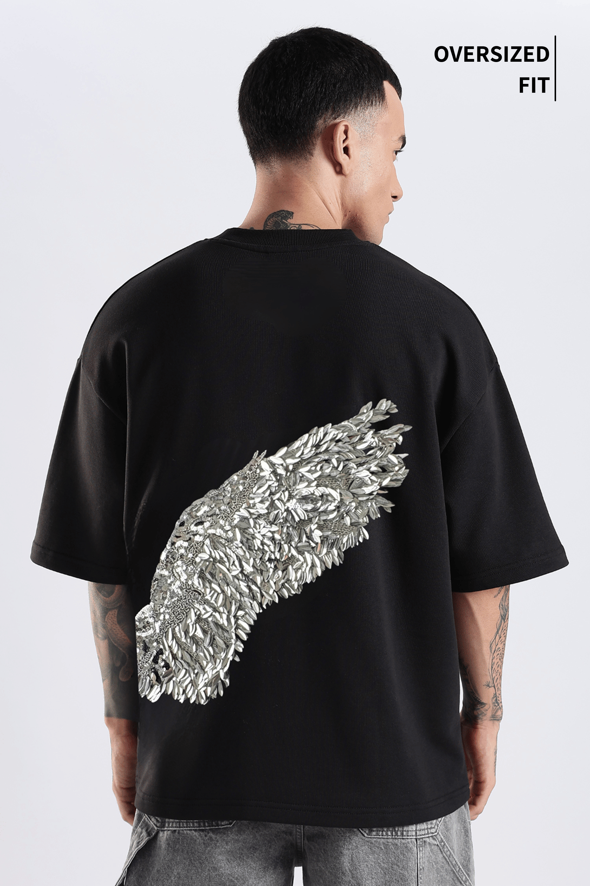 Silver Shield Wings Embroidered Black Oversized Fit T-Shirt