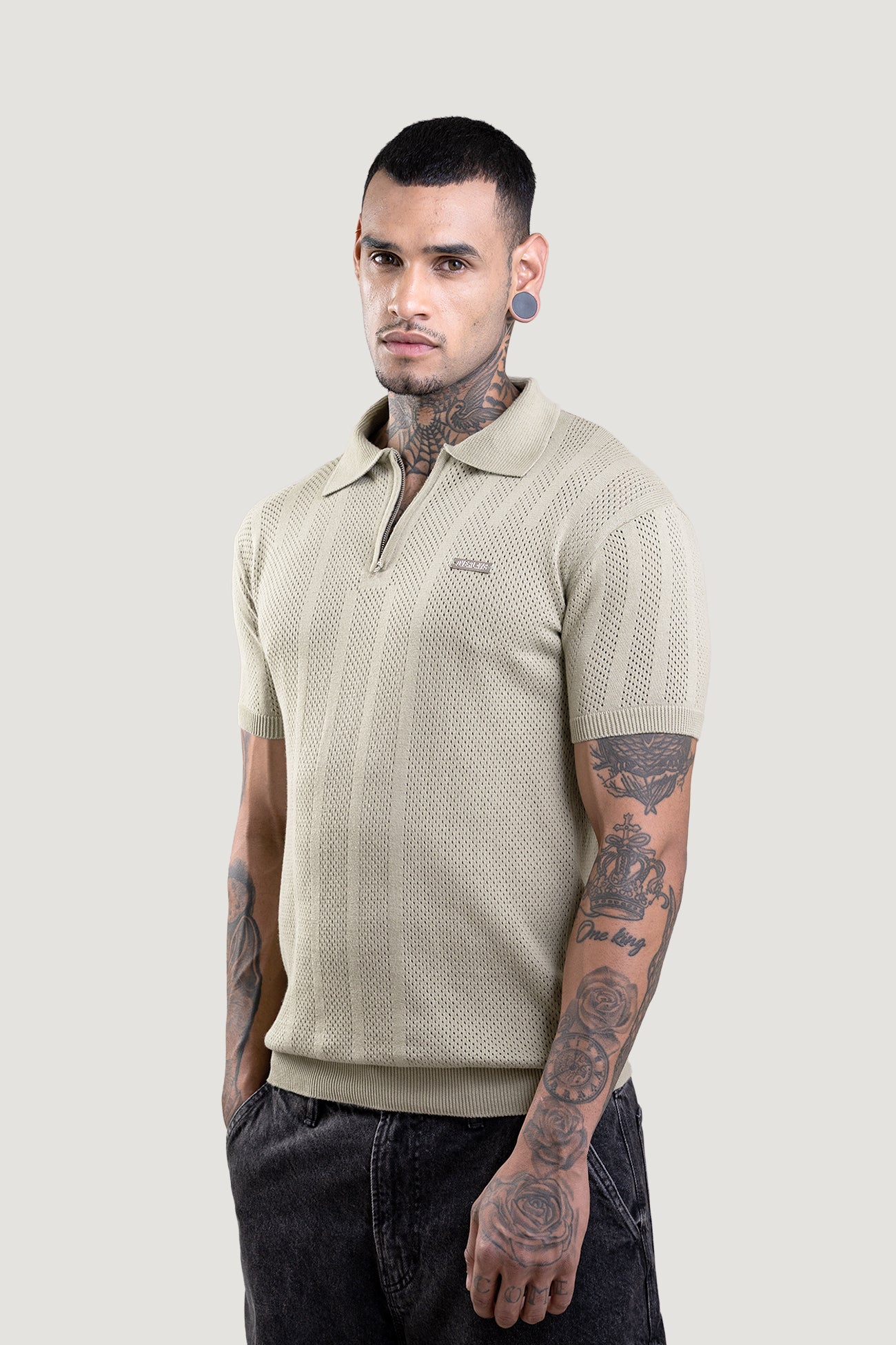 Sage Green Textured Polo T-Shirt