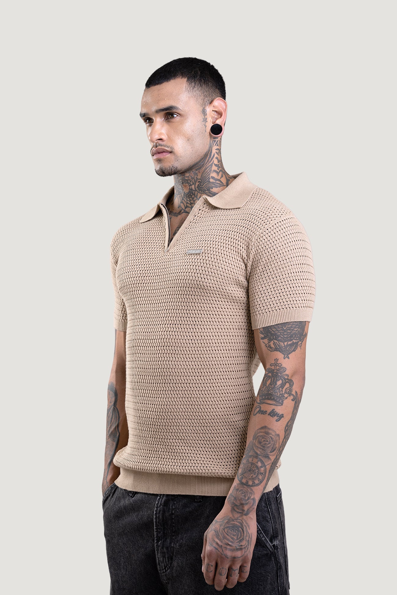 Honey Combe Beige Textured Polo T-Shirt