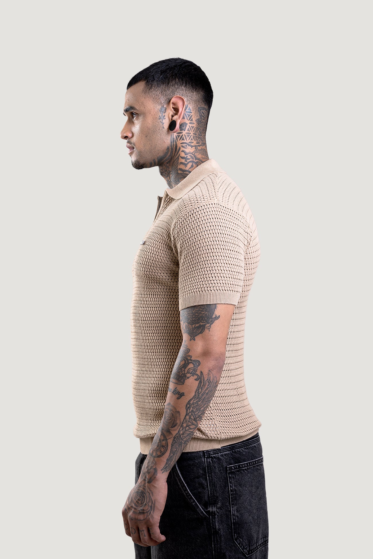 Honey Combe Beige Textured Polo T-Shirt