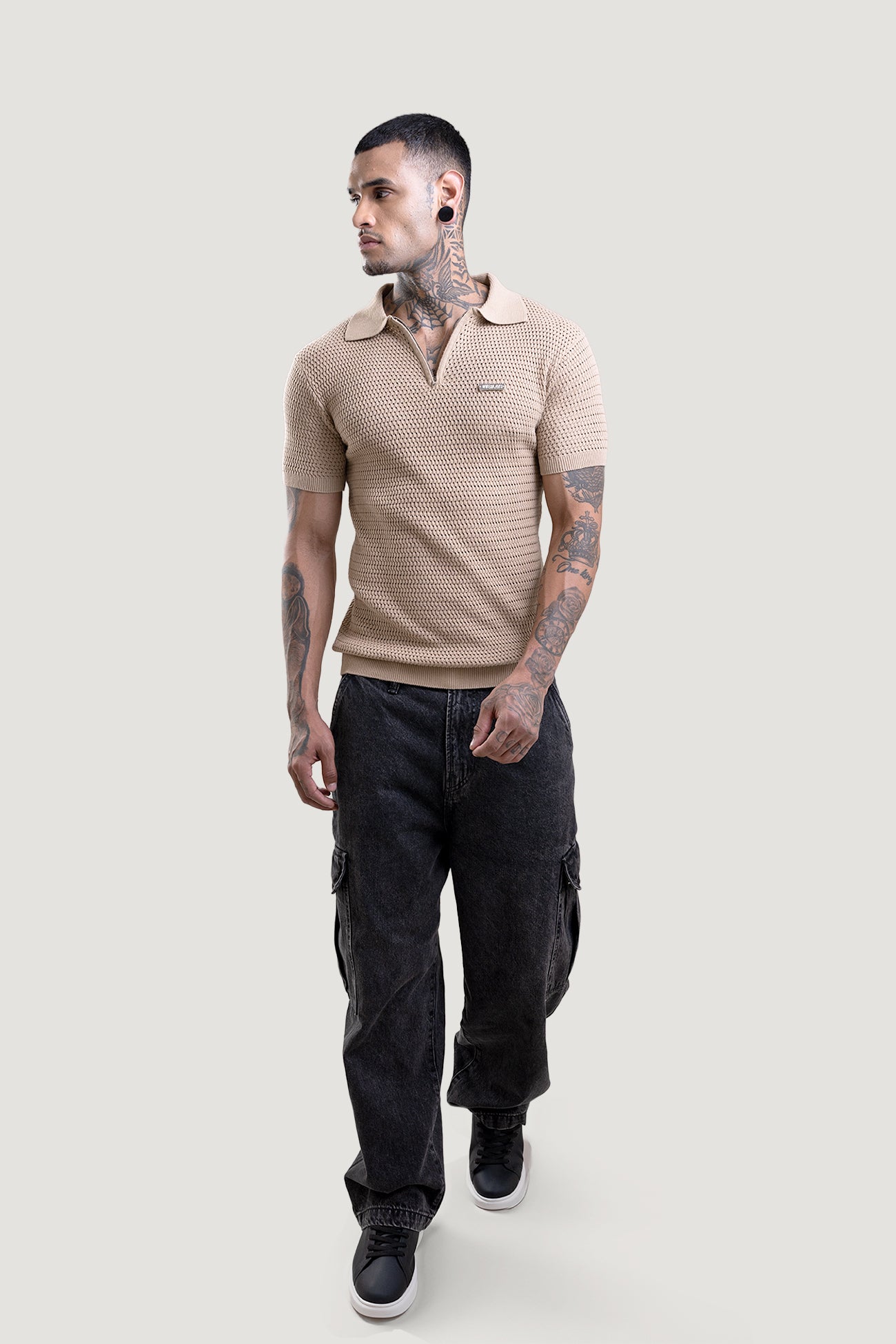 Honey Combe Beige Textured Polo T-Shirt