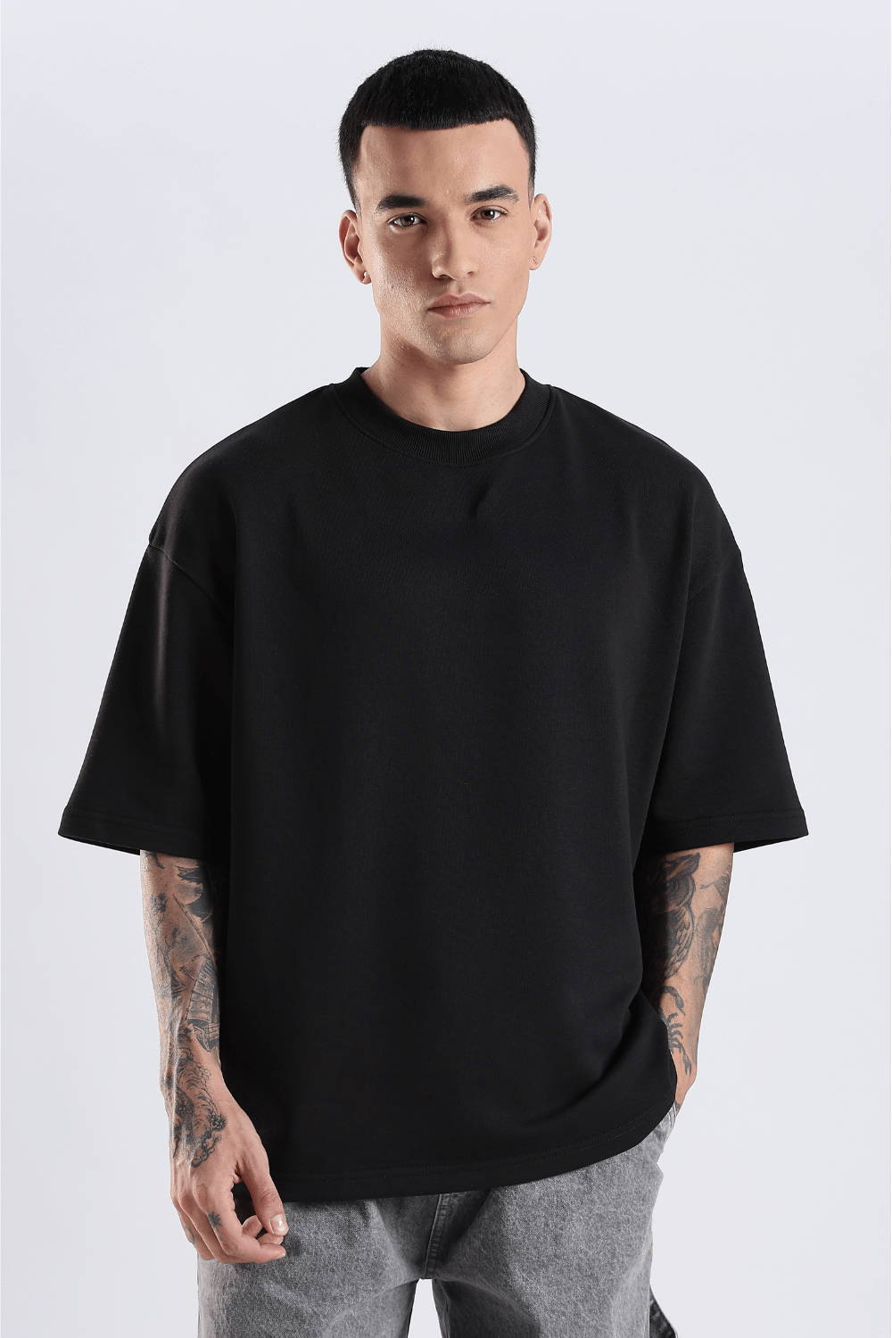 Silver Shield Wings Embroidered Black Oversized Fit T-Shirt