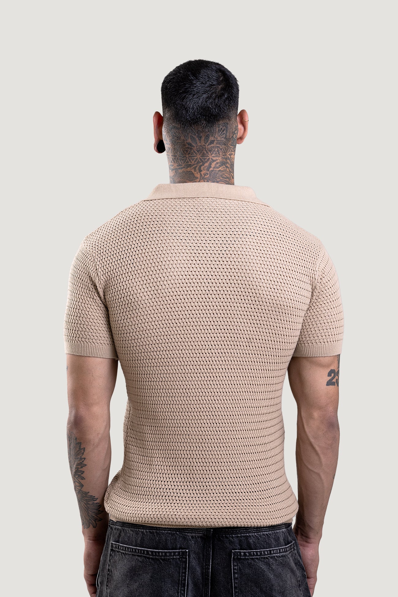 Honey Combe Beige Textured Polo T-Shirt