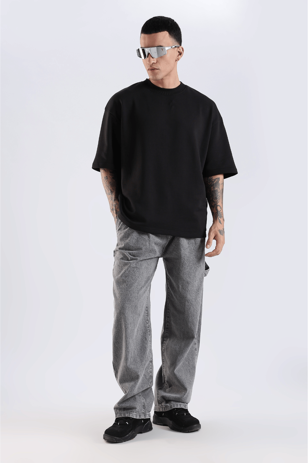 Silver Shield Wings Embroidered Black Oversized Fit T-Shirt