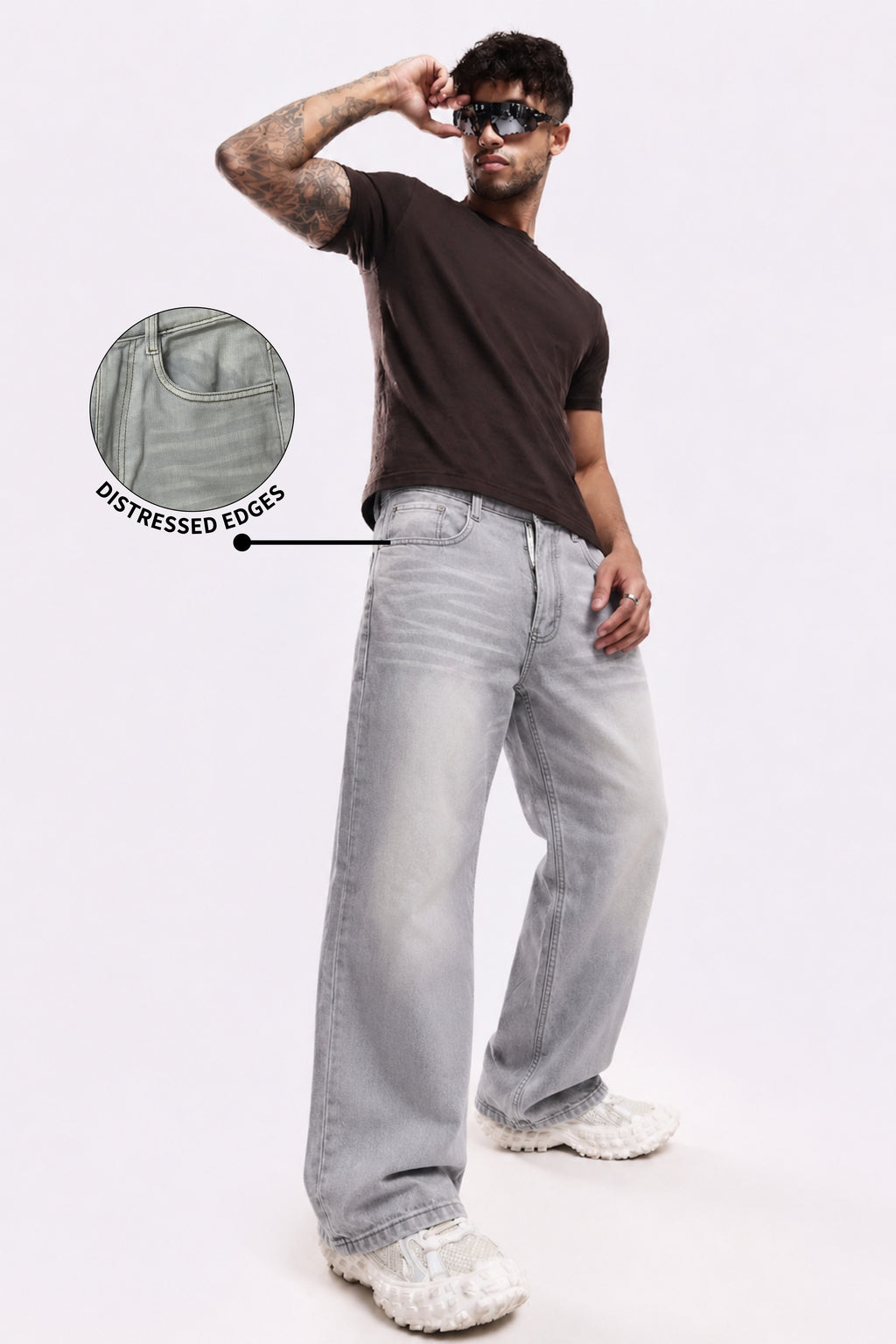 Smoke Wash Grey Distressed Baggy Denim