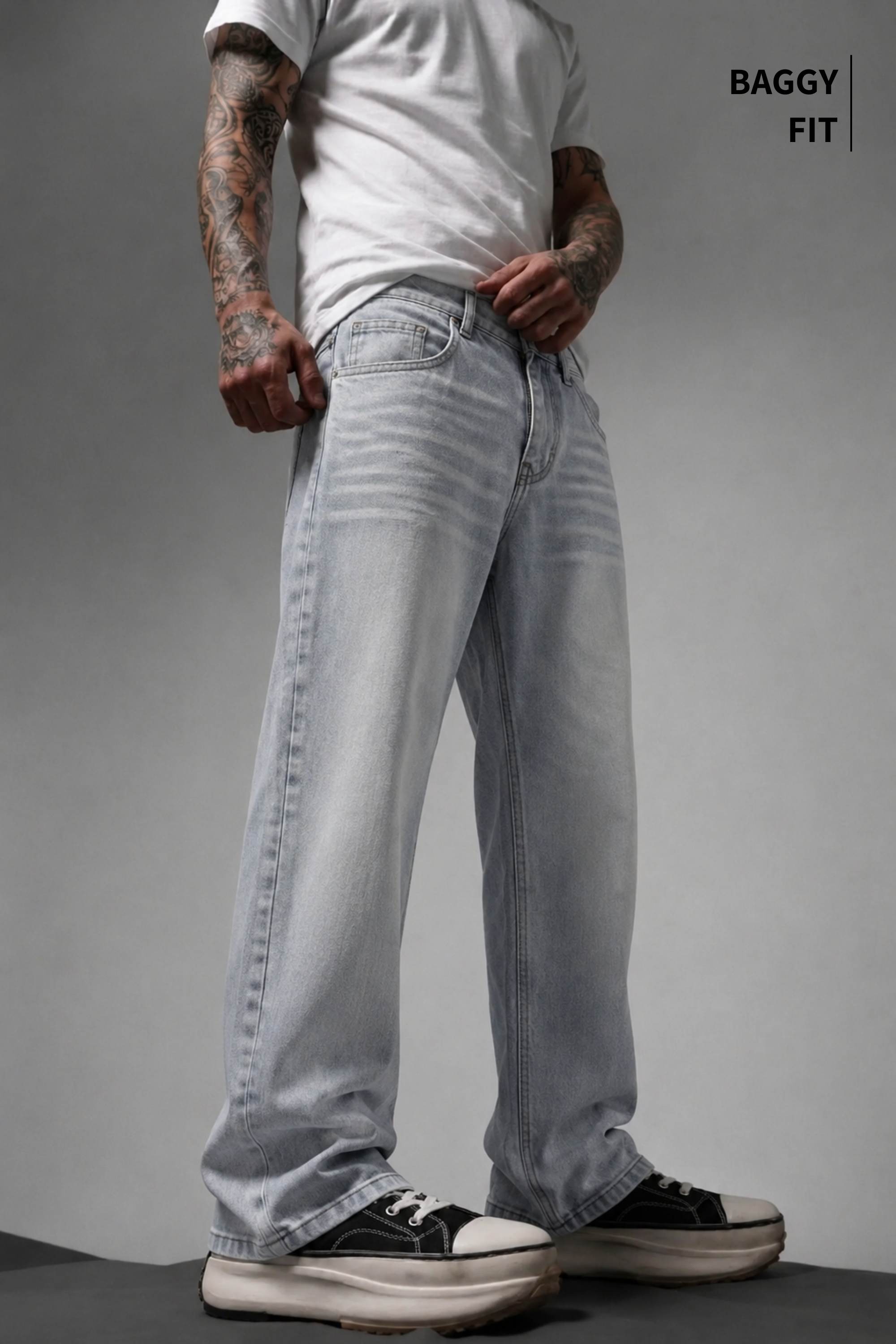 Smoke Wash Grey Distressed Baggy Denim