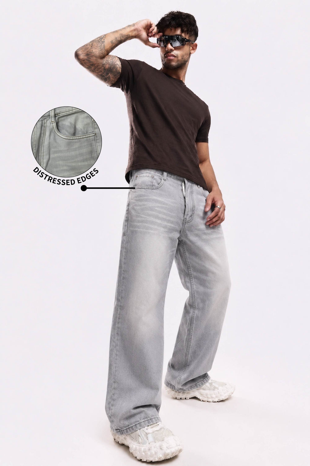 Smoke Wash Grey Distressed Baggy Denim