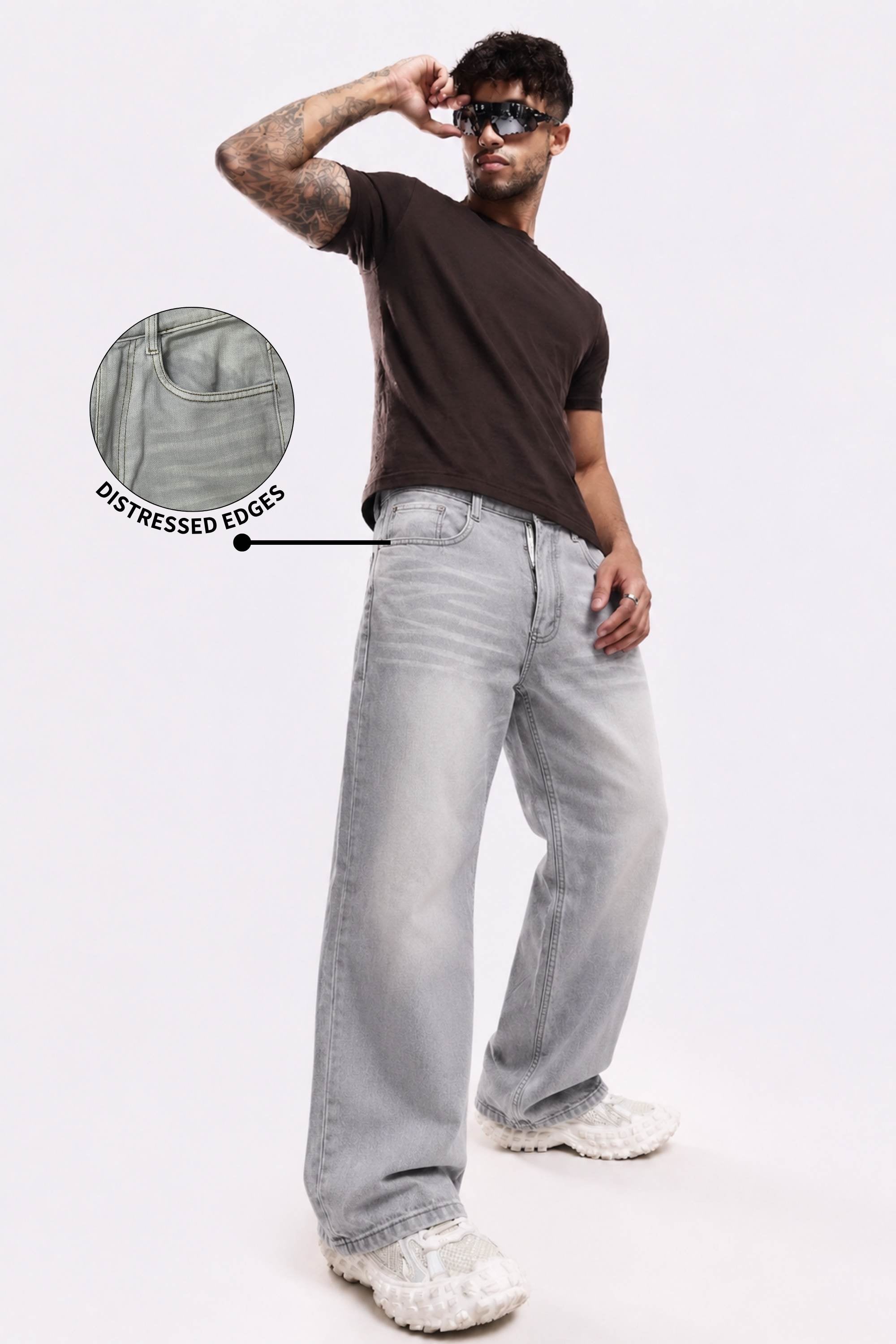 Smoke Wash Grey Distressed Baggy Denim