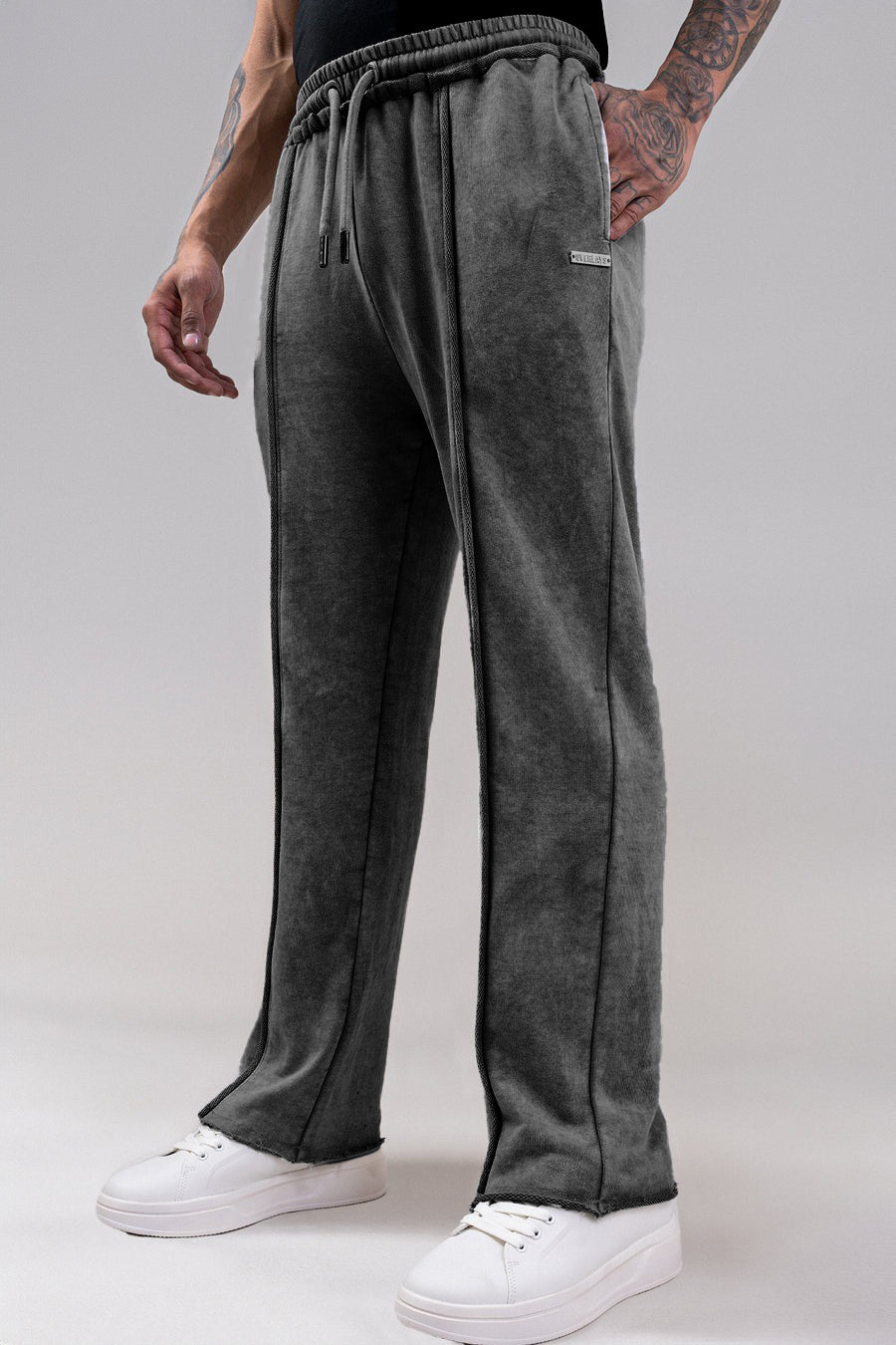 Grey Distressed Raw Hem Joggers