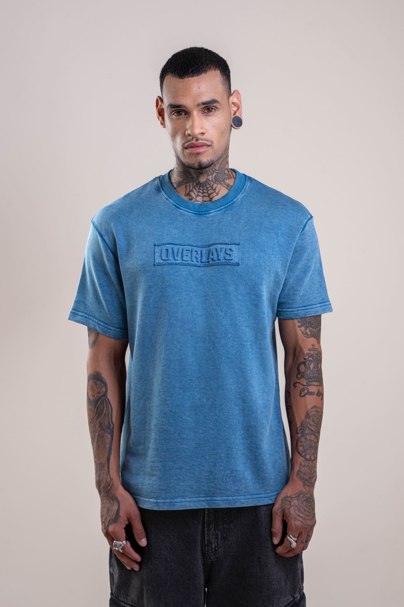 Aqua Distressed Fade Embossed Heavy Weight Relaxed Fit T-Shirt