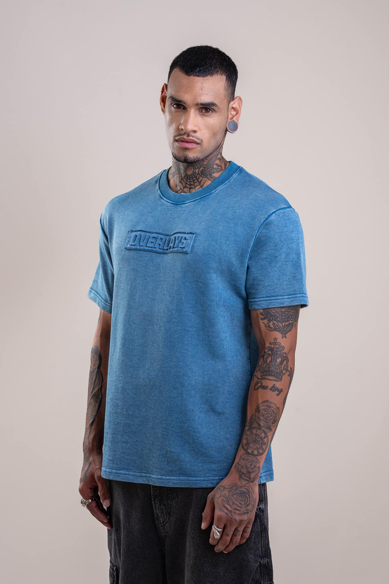 Aqua Distressed Fade Embossed Heavy Weight Relaxed Fit T-Shirt