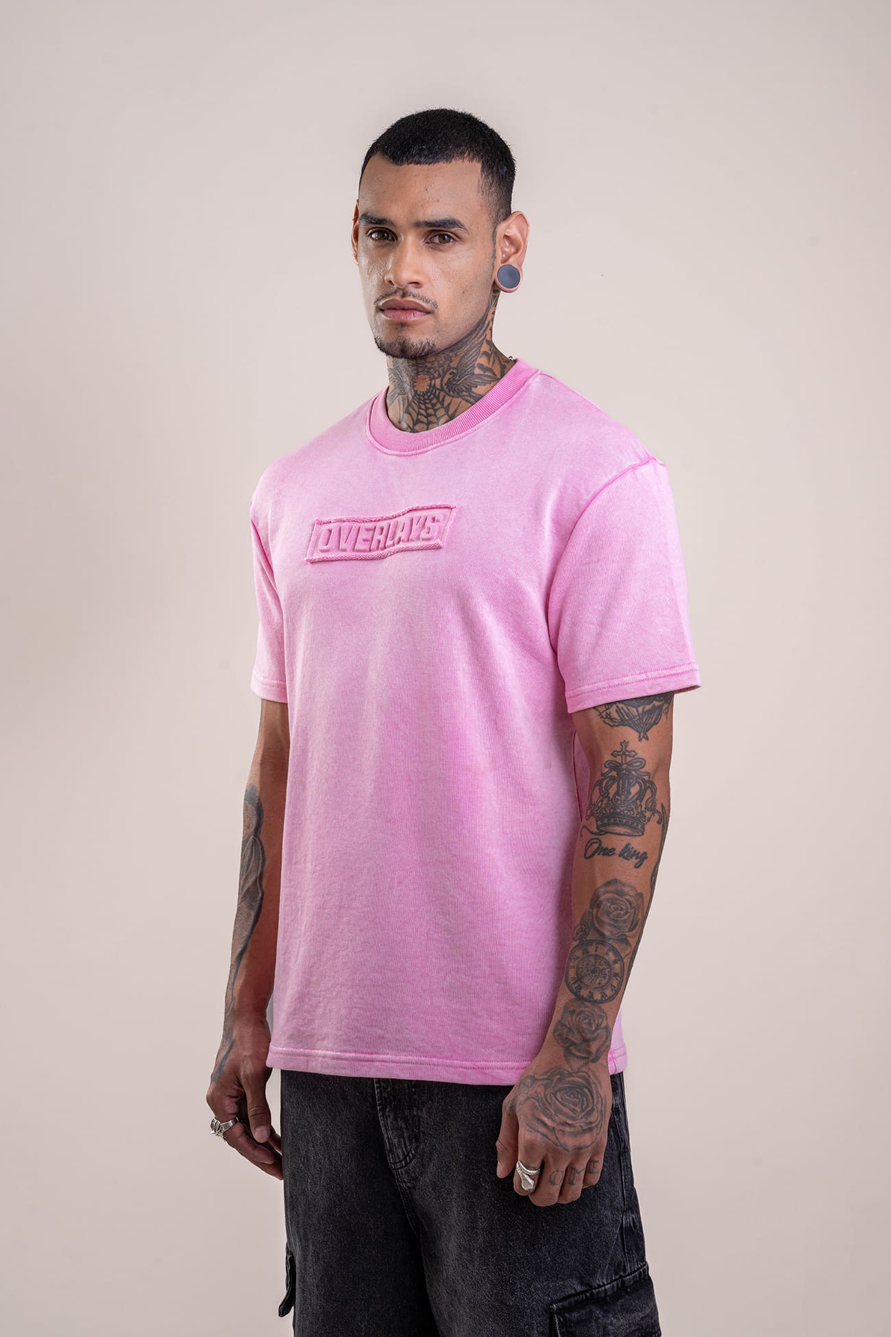 Blush Acid Distressed Embossed Heavy Weight Relaxed Fit T-Shirt