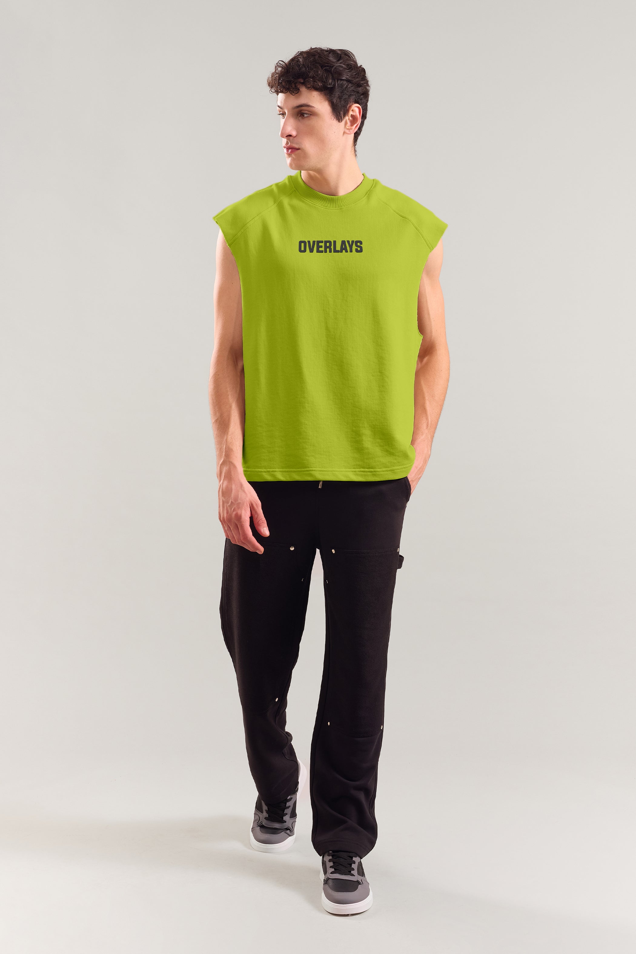 Digital Green Heavyweight Sleeveless Tank Top With Raw Edges