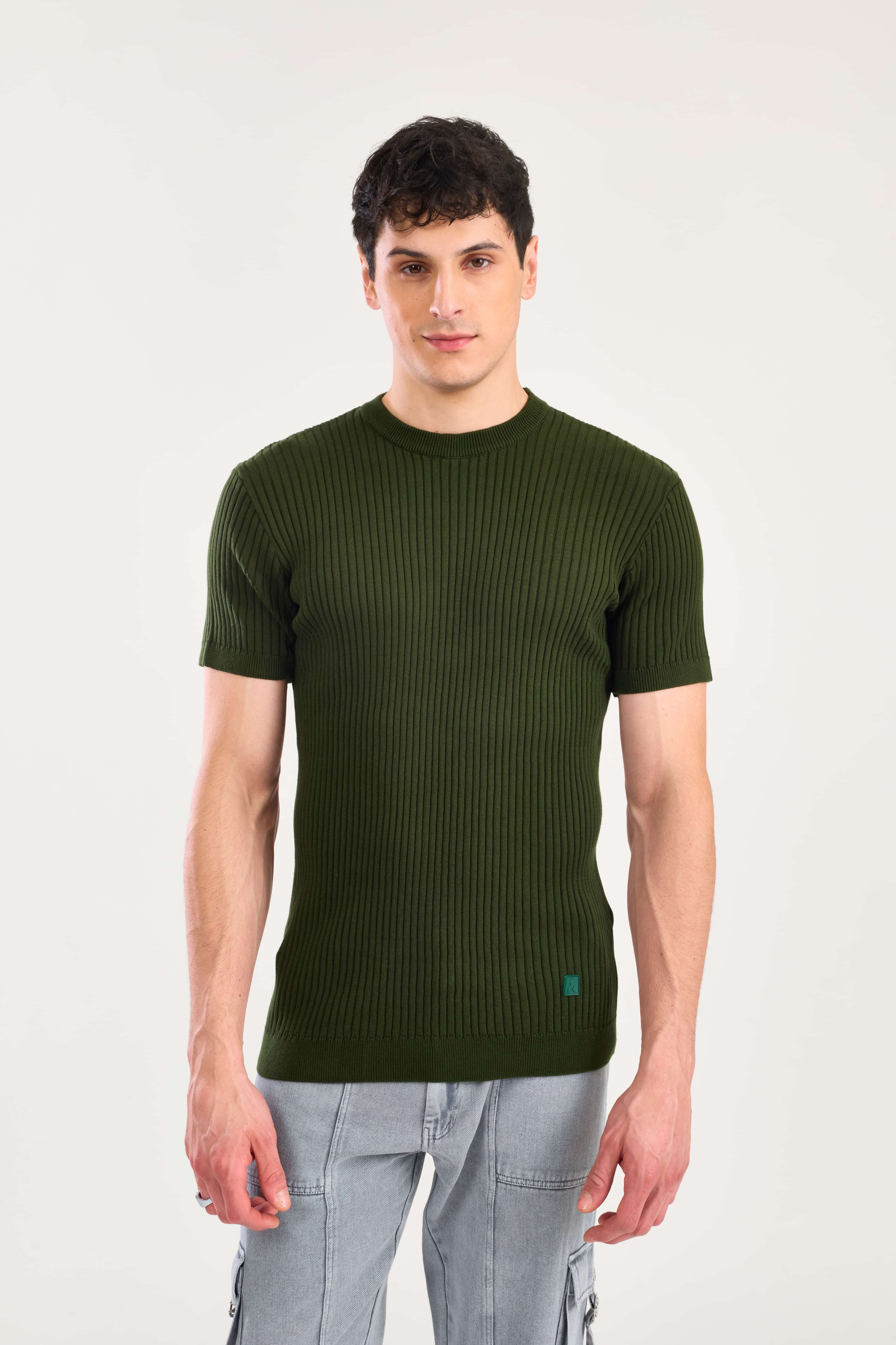 Forest Green Textured Knitted T-shirt