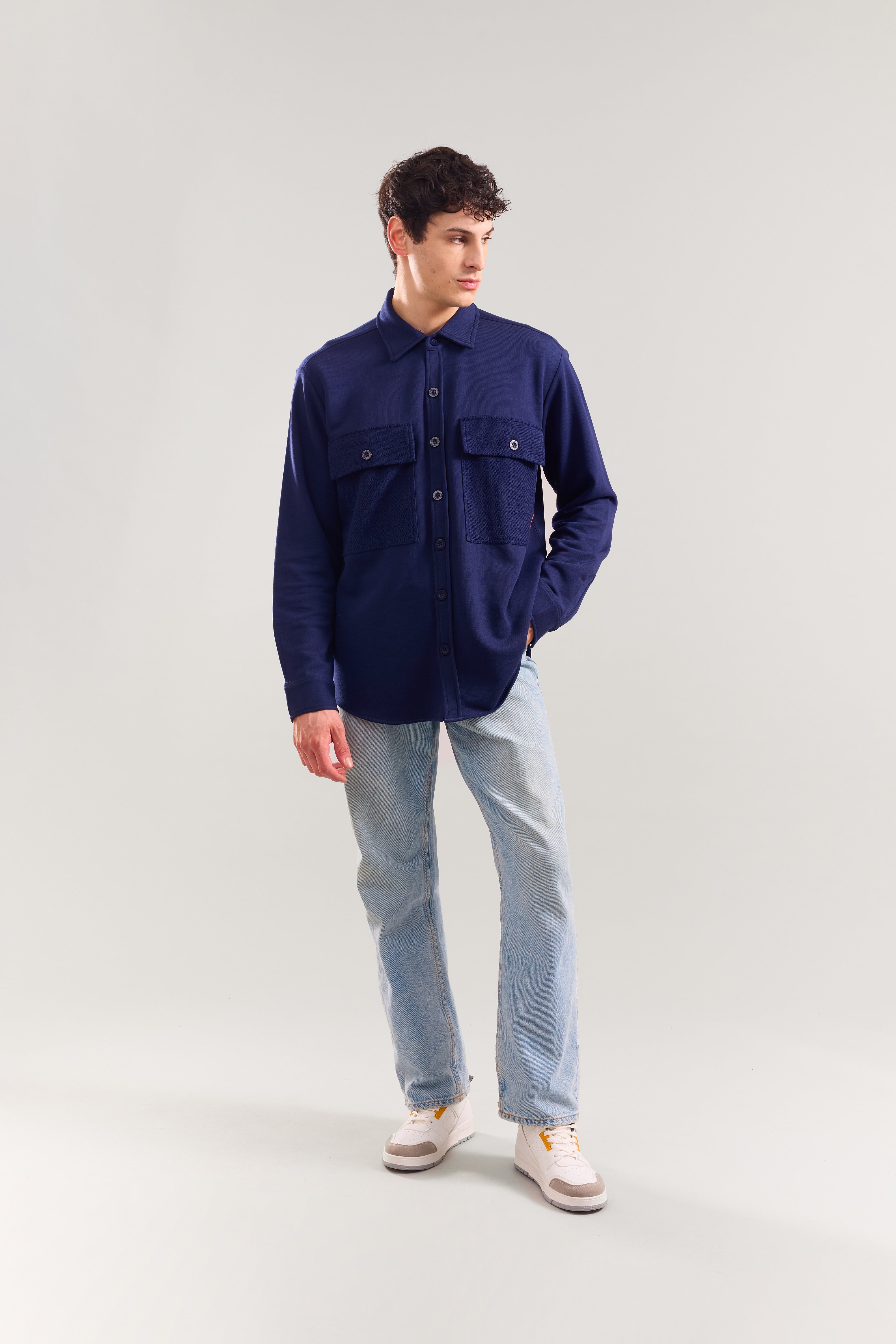 Heavy Weight Navy terry patch pocket full sleeve shirt