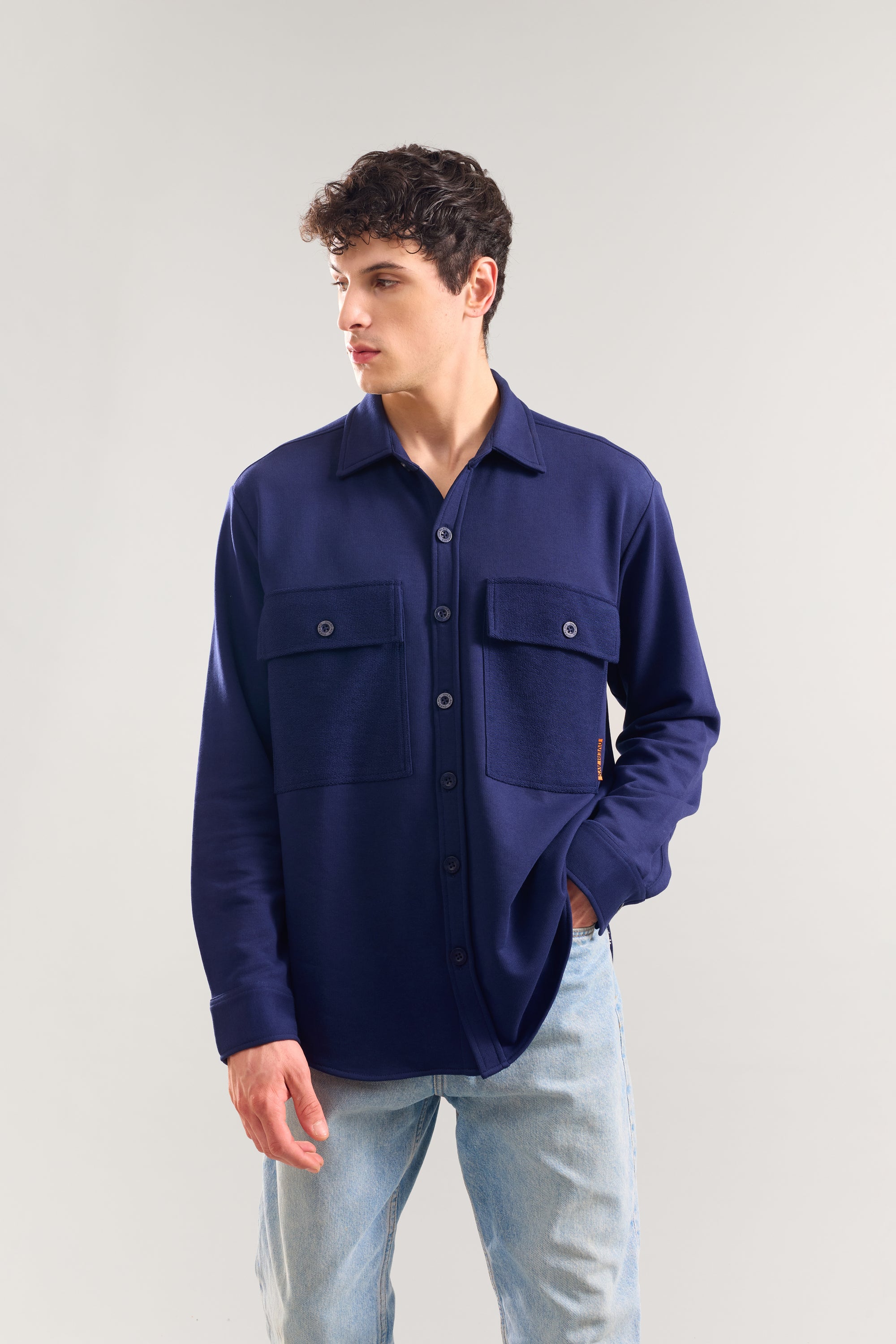 Heavy Weight Navy terry patch pocket full sleeve shirt