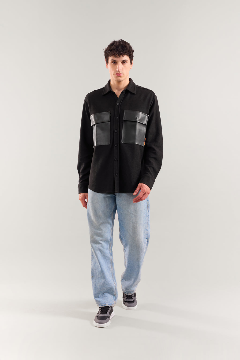 Heavy Weight Black rexin patch pocket full sleeve shirt