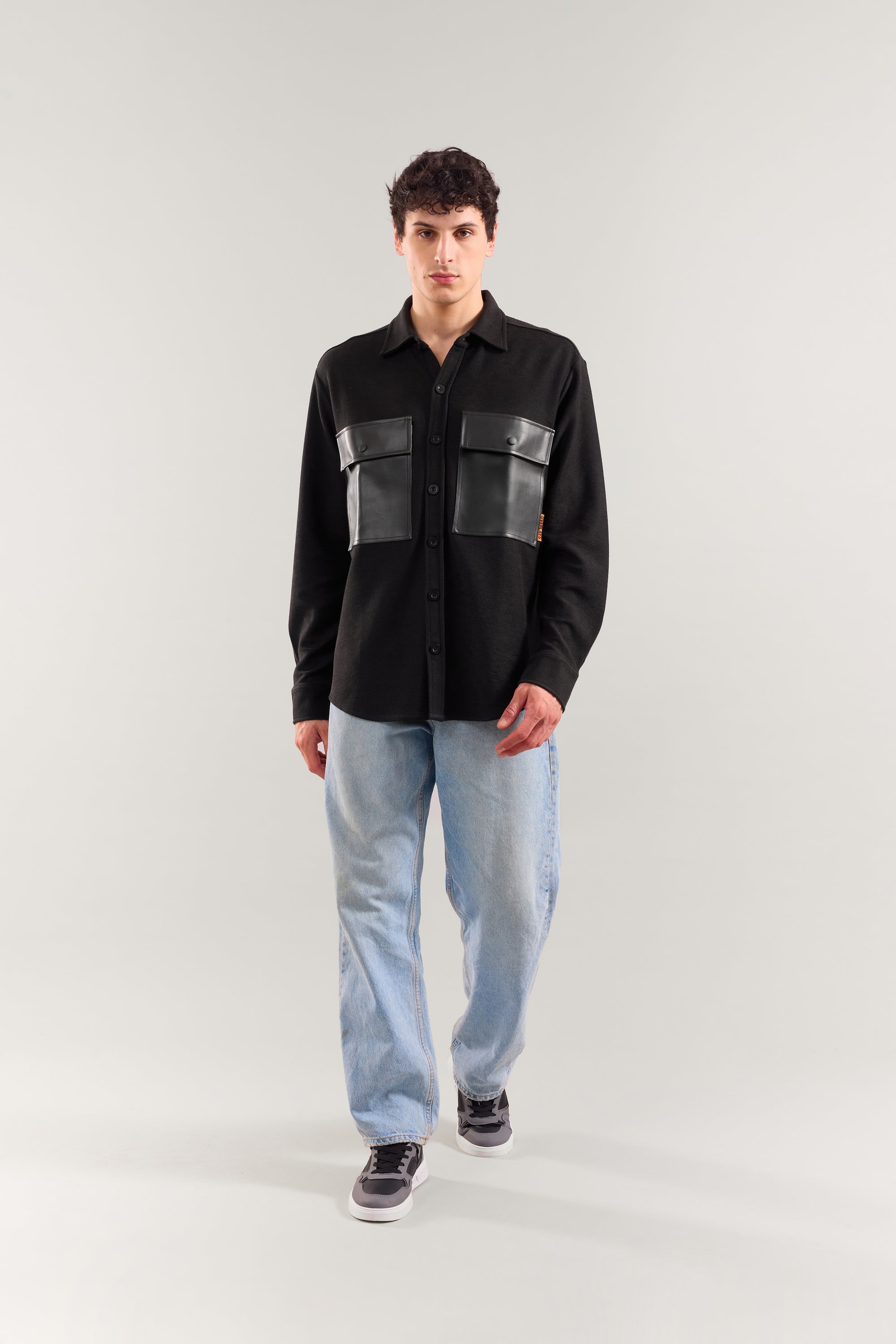Heavy Weight Black rexin patch pocket full sleeve shirt
