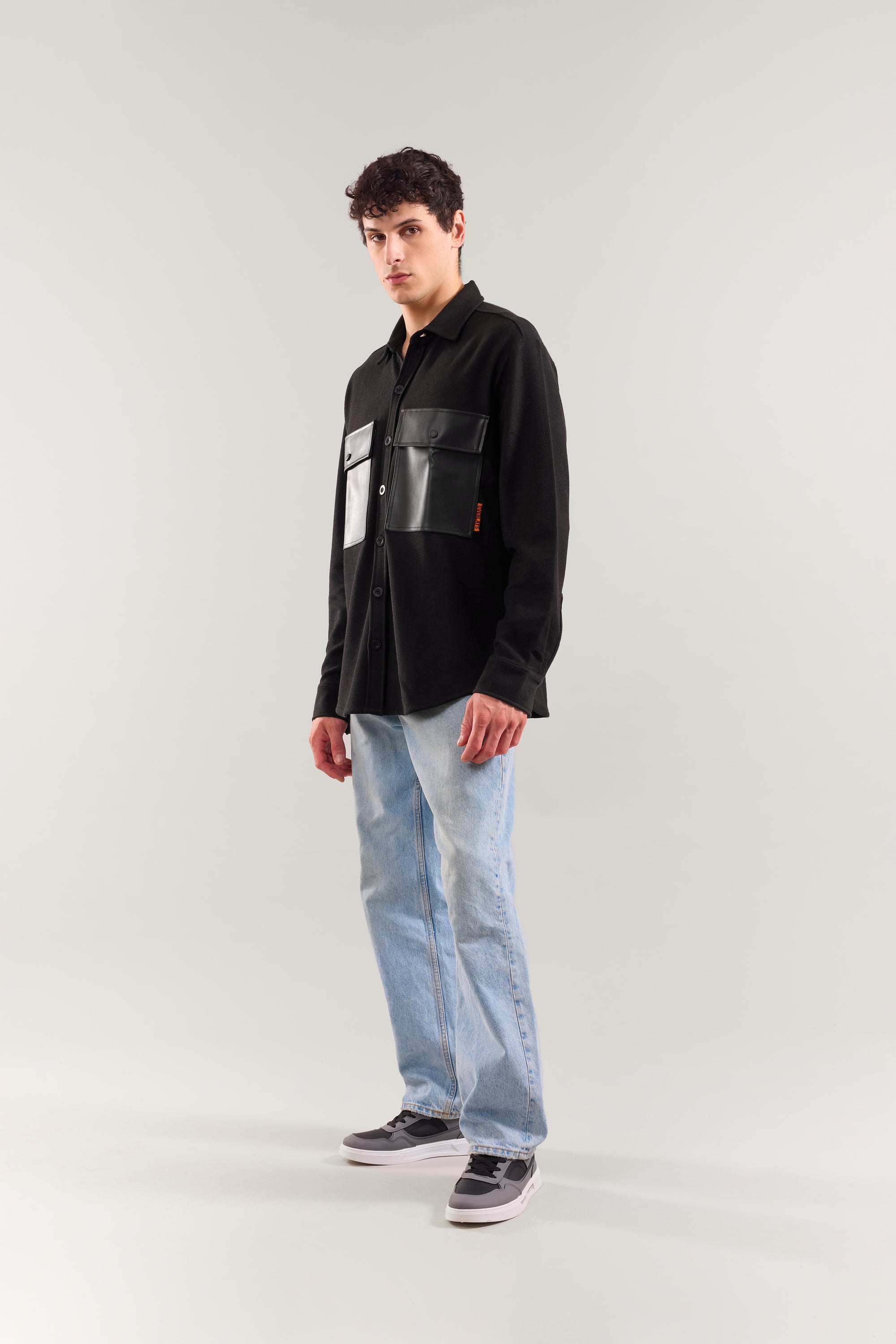 Heavy Weight Black rexin patch pocket full sleeve shirt