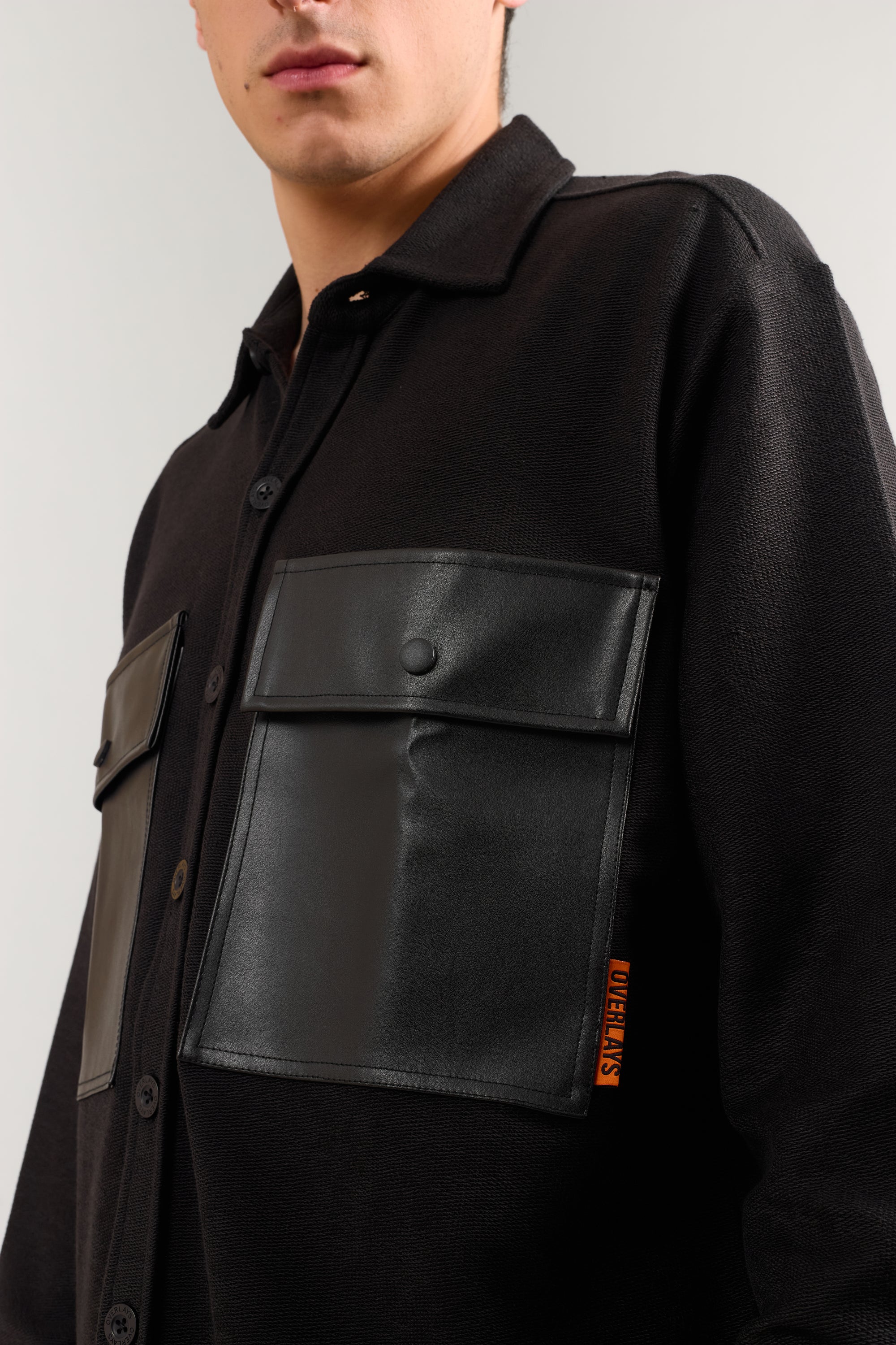 Heavy Weight Black rexin patch pocket full sleeve shirt