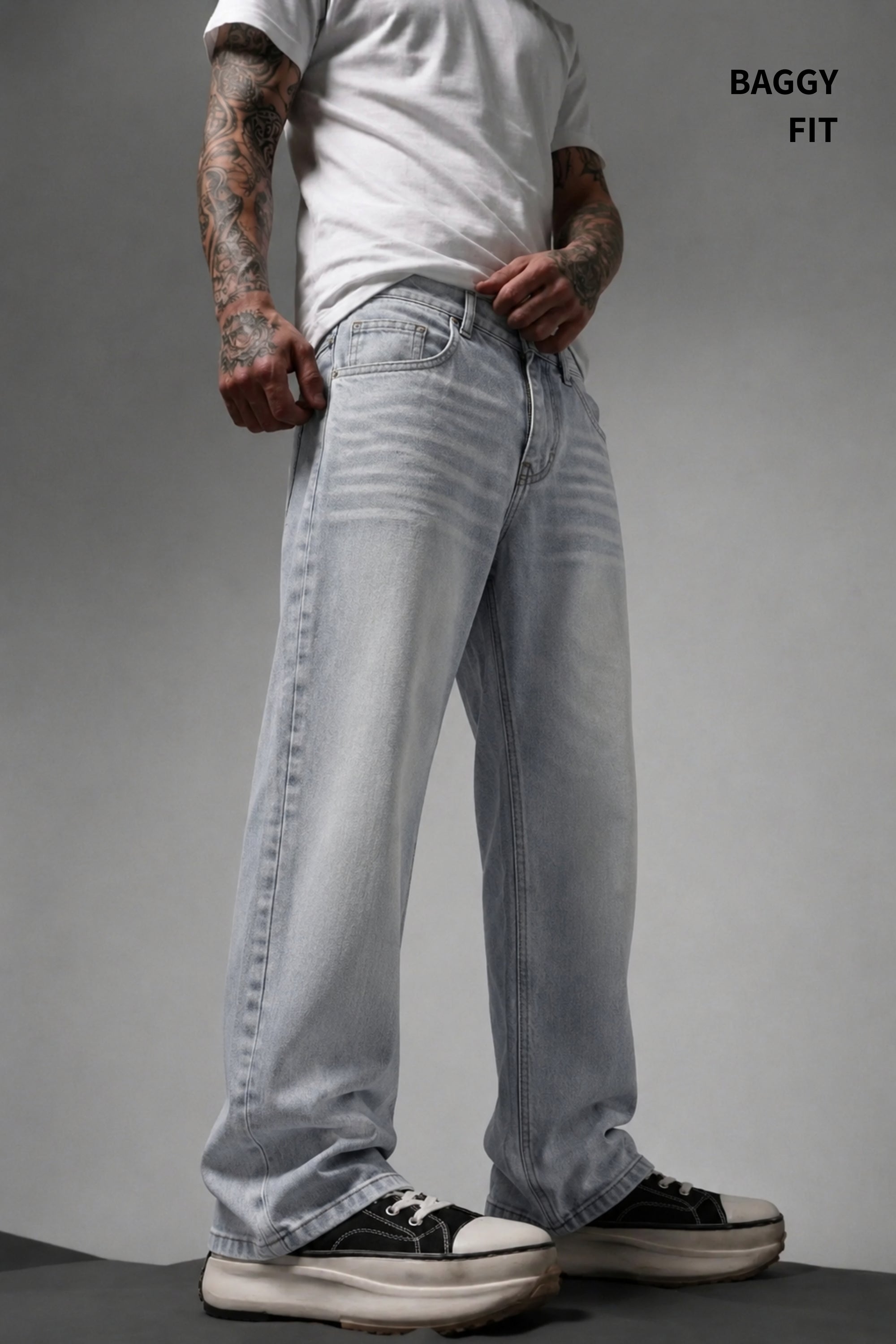 Smoke Wash Grey Distressed Baggy Denim