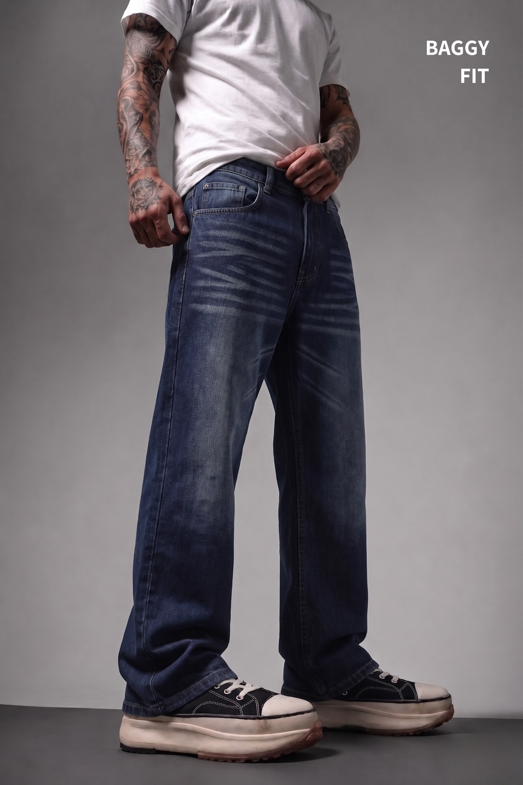 Navy Fade Wash Distressed Baggy Denim