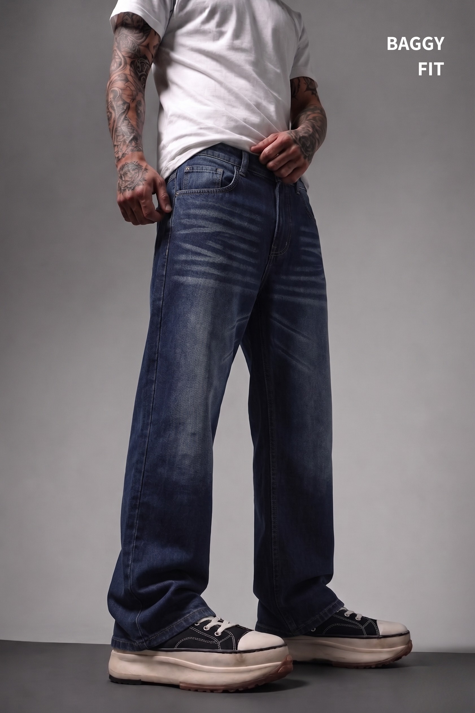 Navy Fade Wash Distressed Baggy Denim