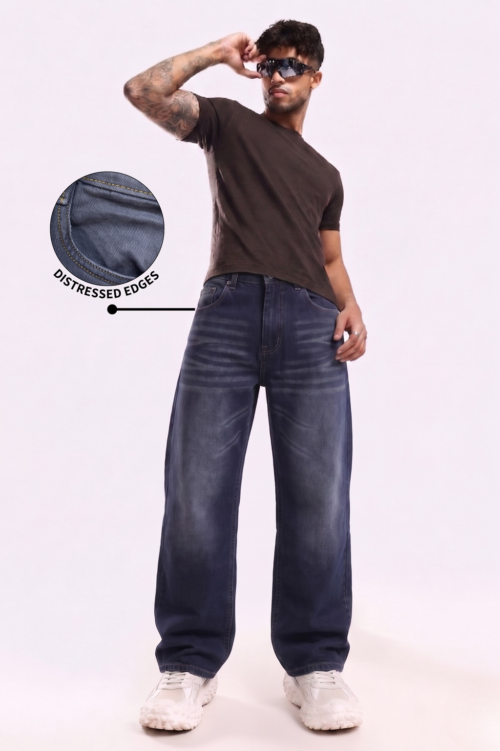 Navy Fade Wash Distressed Baggy Denim
