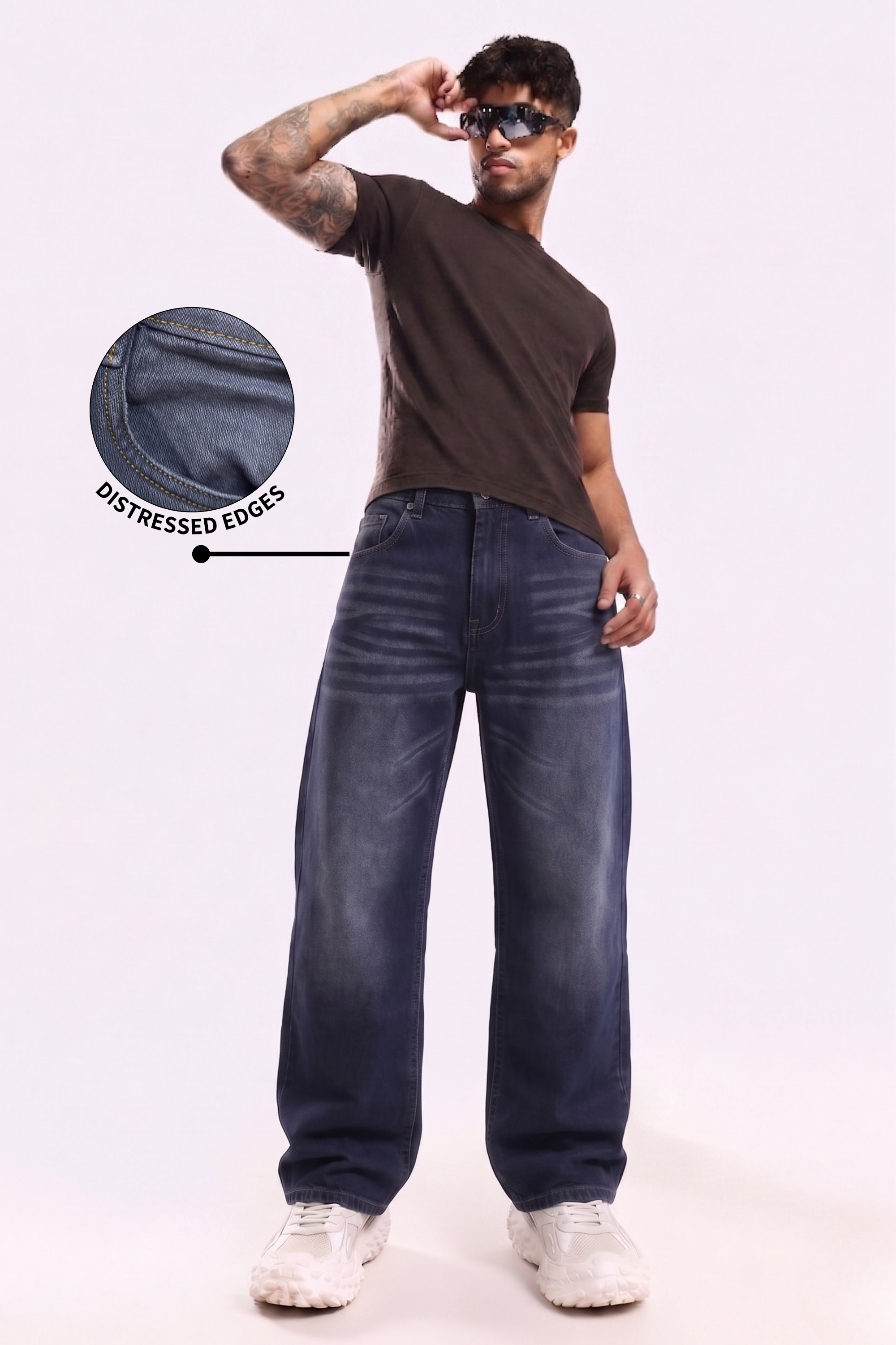 Navy Fade Wash Distressed Baggy Denim
