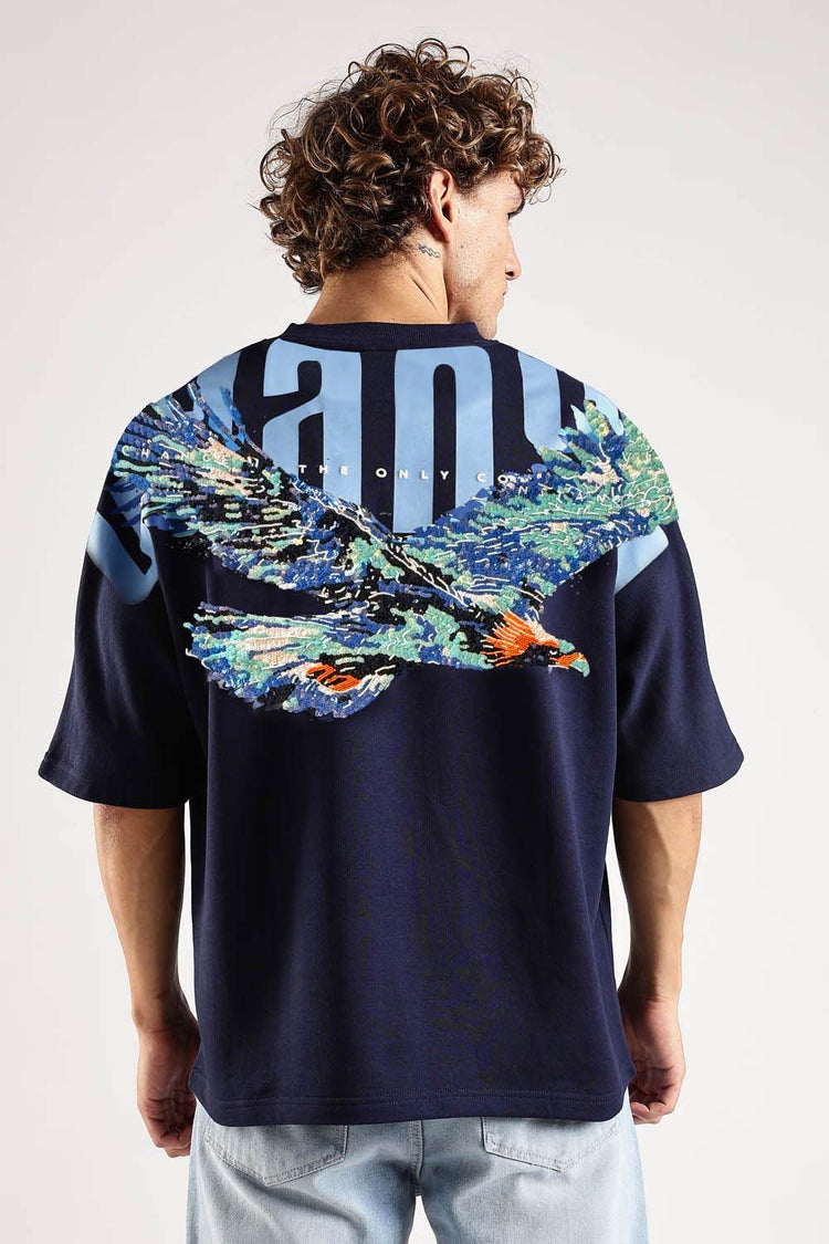 Embroidered Sky Rider Navy Oversized T-Shirt