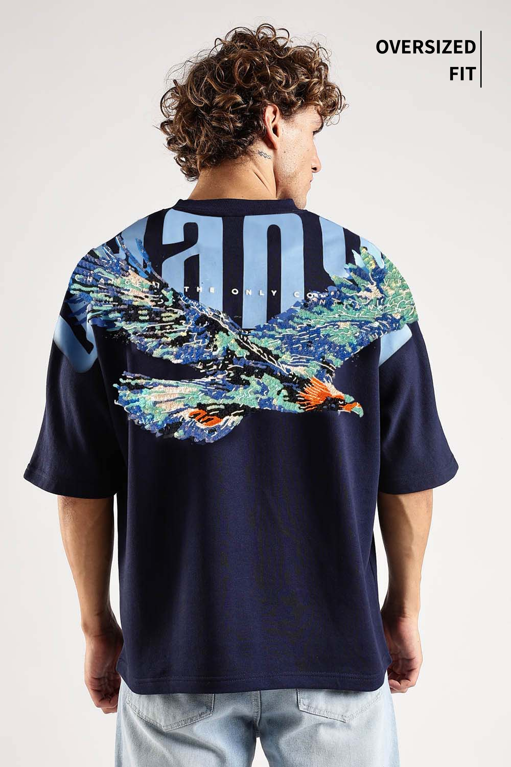 Embroidered Sky Rider Navy Oversized T-Shirt