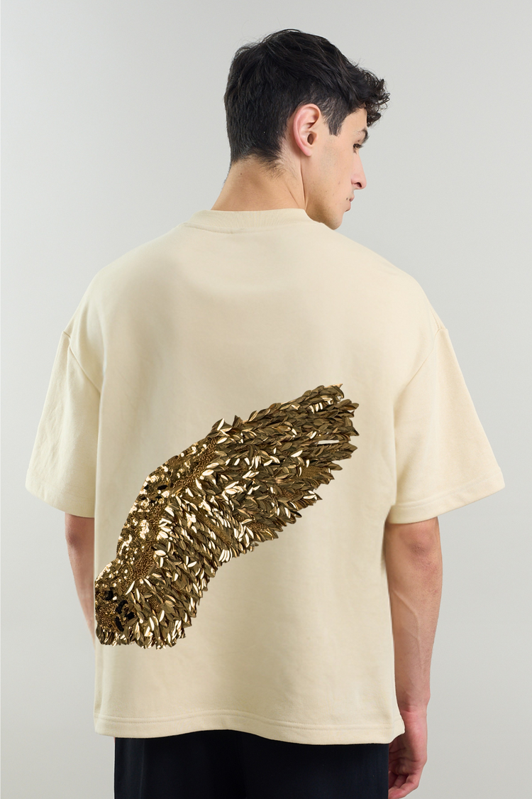 Gold Shield Wings Embroidered Black Oversized Fit T-Shirt