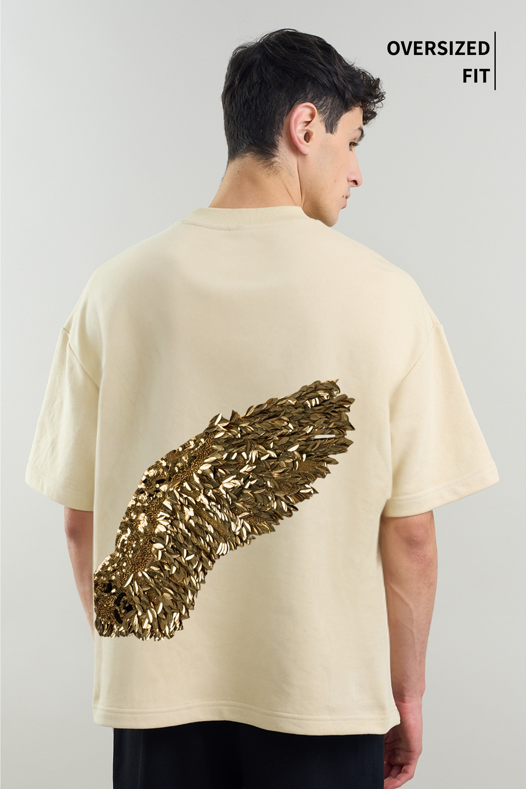 Gold Shield Wings Embroidered Beige Oversized Fit T-Shirt