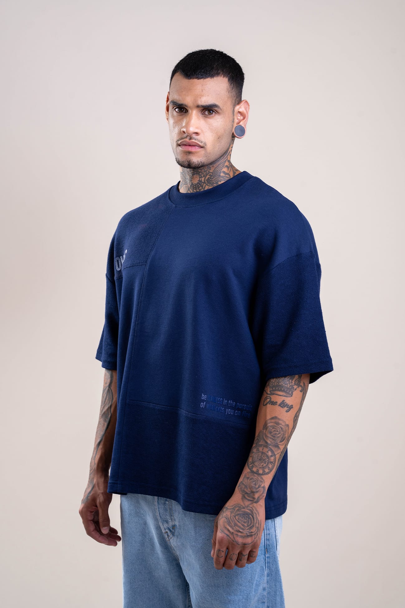 Oversized Deconstructed Navy T-shirt - Heavy Weight