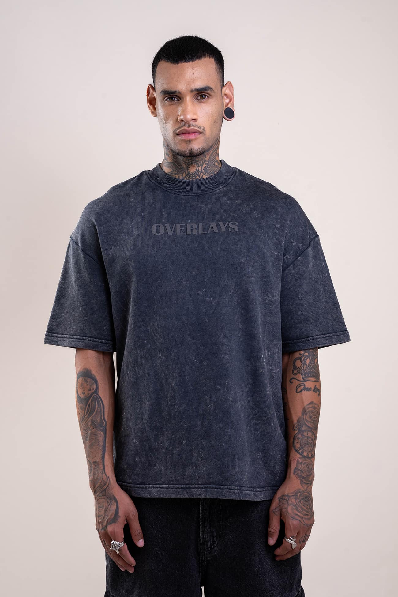 Reconstructed Distressed Acid Wash Oversized Black T-Shirt