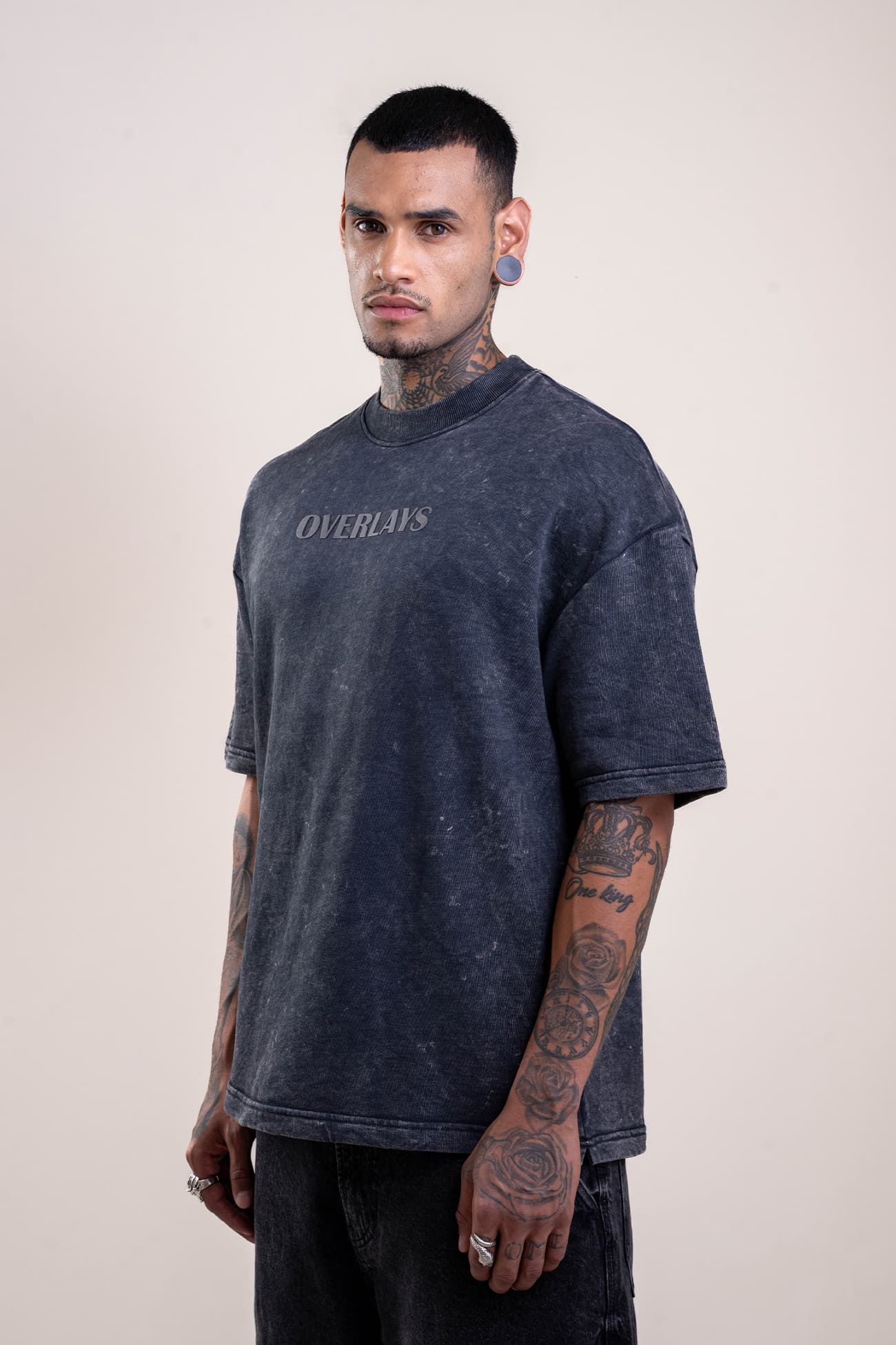 Reconstructed Distressed Acid Wash Oversized Black T-Shirt