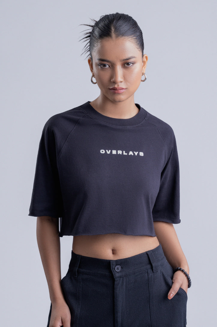 Relaxed Fit Raglan Crop Top - Black