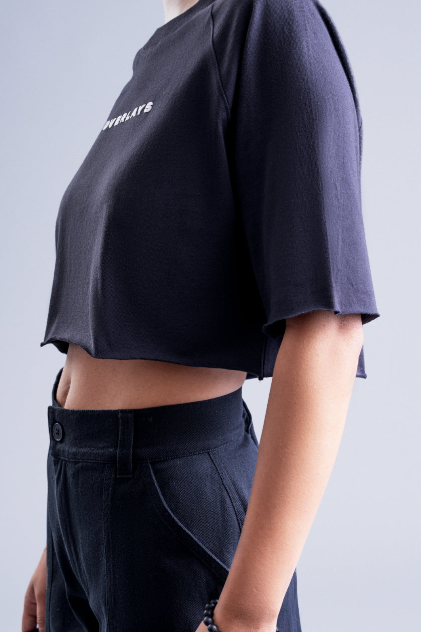 Relaxed Fit Raglan Crop Top - Black