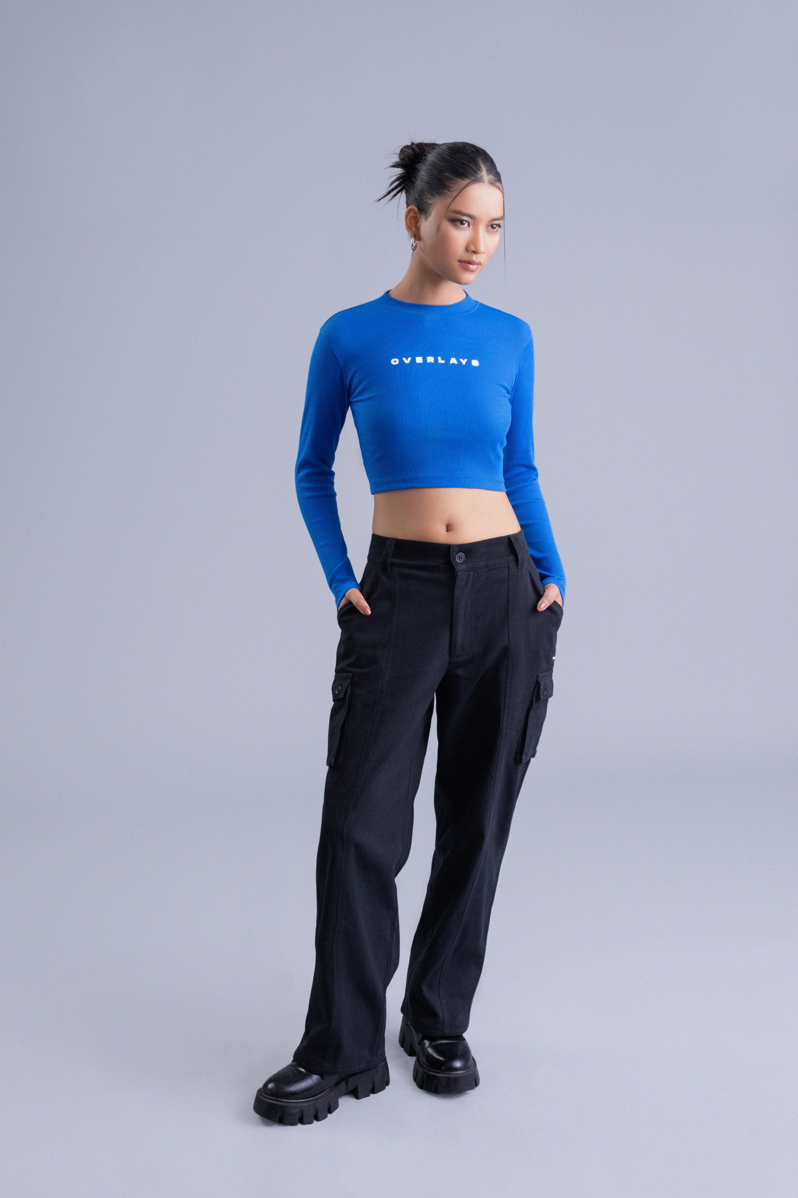 Ultramarine Ribbed Full Sleeves Crop Top